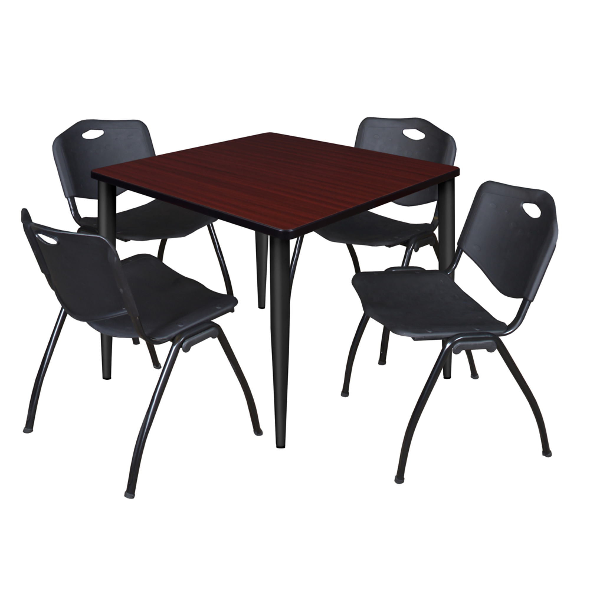 Regency Furniture Kahlo Breakroom Table Set — 42in. Square, Mahogany Top, Black Base, Includes 4 Black Stack Chairs, Model# TPL4242MHBK47BK